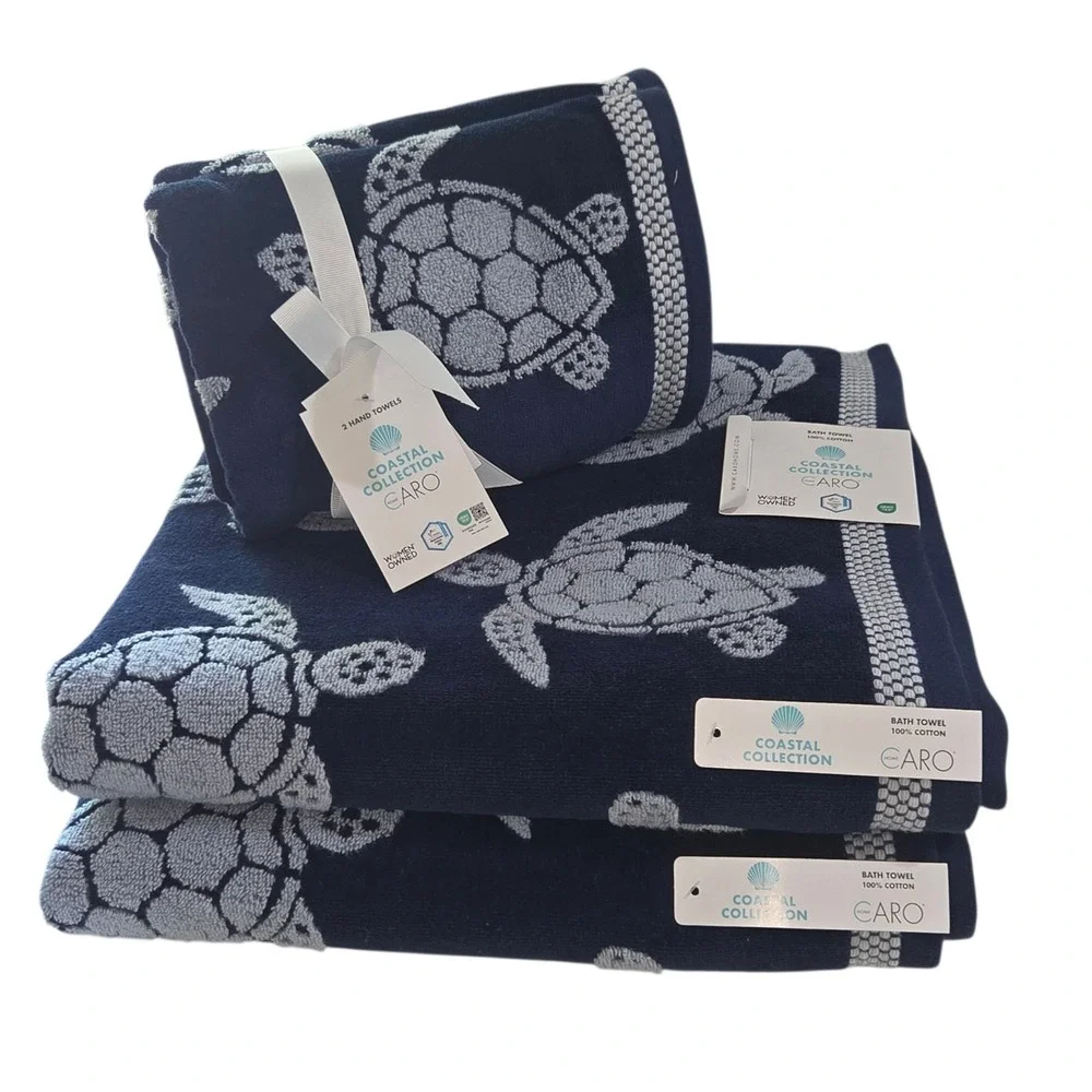 Caro Home Coastal 4pc Sea Turtles‎ Blue Cotton Towel Set 2Bath 2Hand Reversible